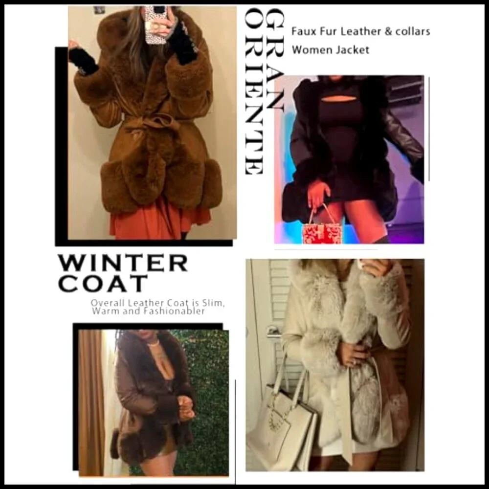 Faux Leather Coat with Faux Fur Collar Slim Fit Belted Mid Length Hooded Jacket - Picture 5 of 6